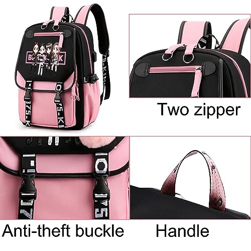 PALAY® Black Pink Bag for Girls School with USB Cable Jack Cute Backpacks Idol Print Design Laptop and Casual Student Accessories That Hold 16.8 Inch Books 2 PCS PALAY® Black Pink Bag for Girls School with USB Cable Jack Cute Backpacks Idol Print Design Laptop and Casual Student Accessories That Hold 16.8 Inch Books 2 PCS